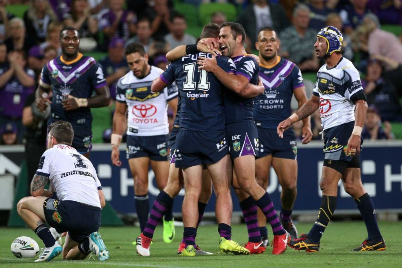 Joe Stimson's early close-range score was one of the Storm's four tries on the night against the Cowboys.