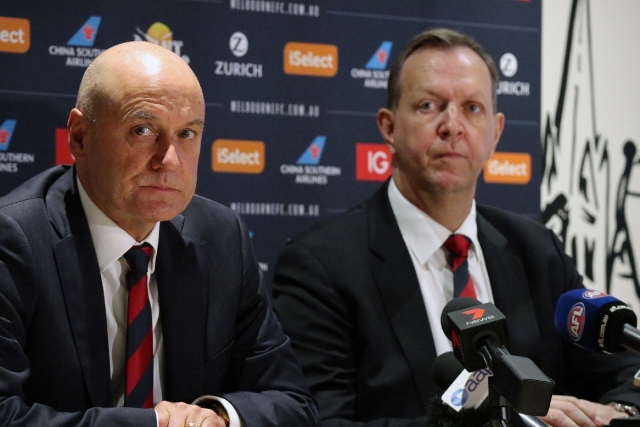 Melbourne chairman Glen Bartlett (right) and CEO Peter Jackson announce they will abandon poker machines.