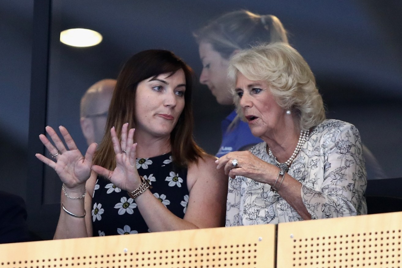 The Duchess of Cornwall was more animated at the cycling on April 5 with former champ Anna Meares. 