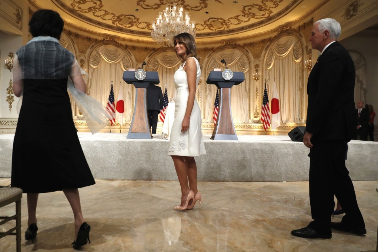 Melania Trump showcases her trouble-making glittery shoes in Florida on April 18.