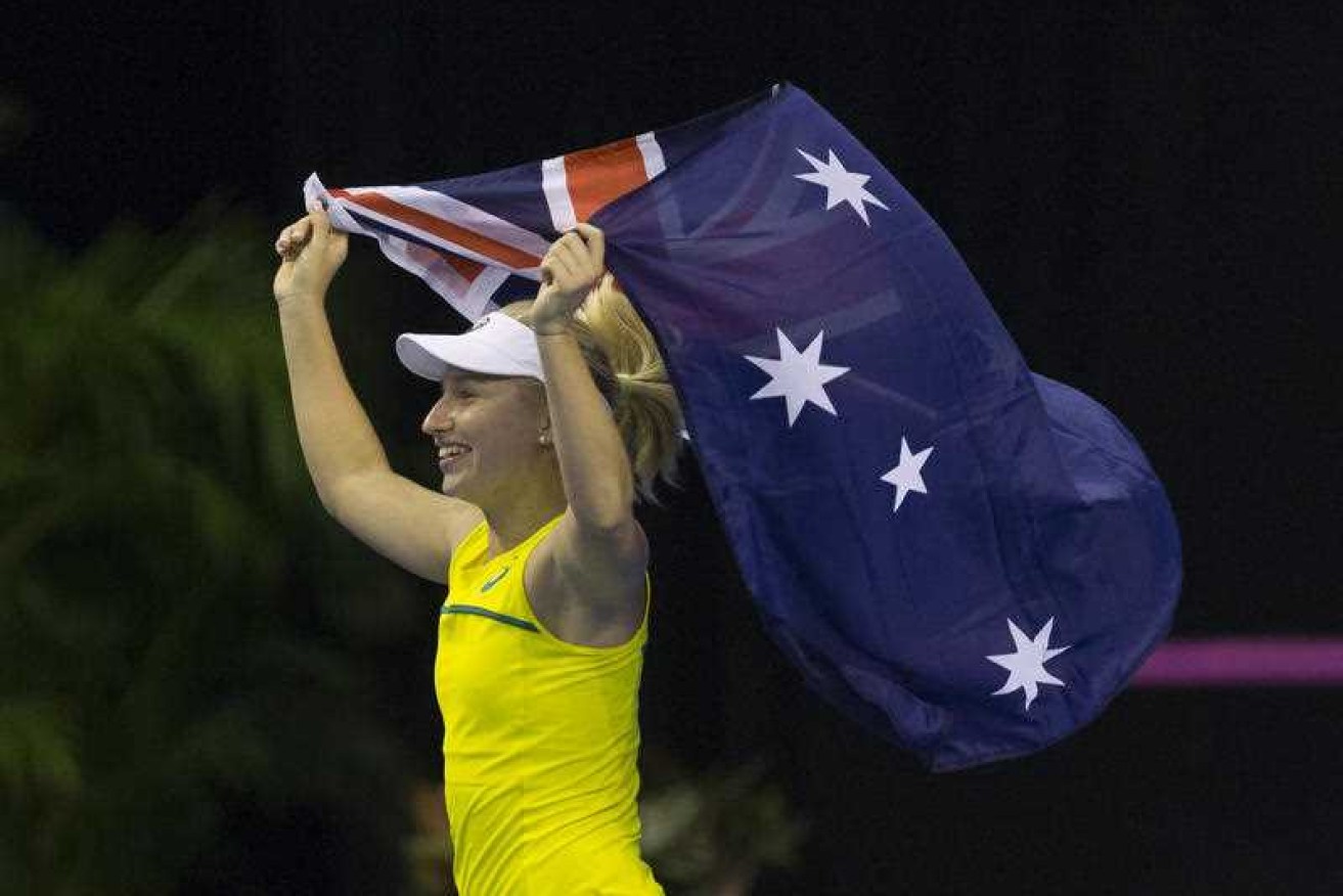 Daria Gavrilova celebrates after helping Australia to return to the Fed Cup World Group for the first time in four years.