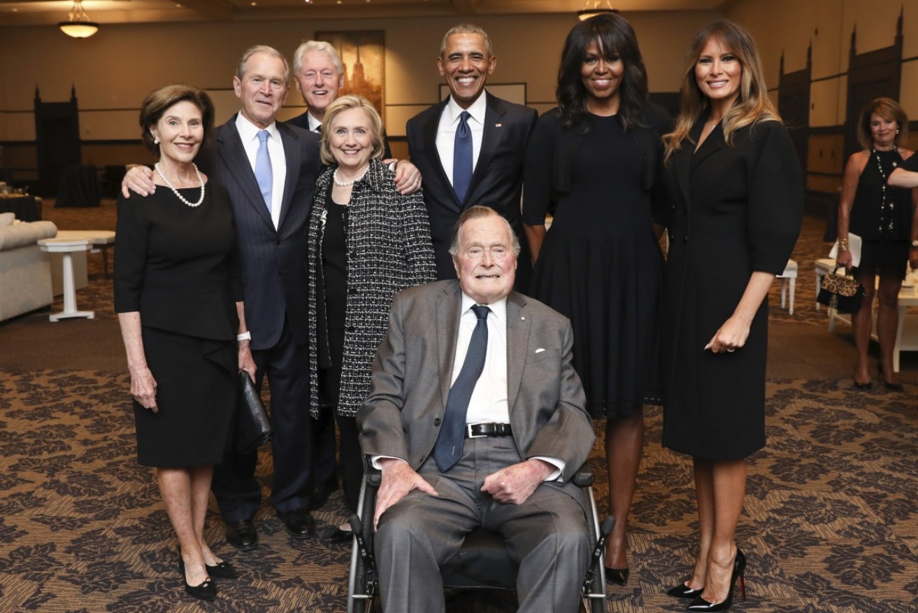 Laura and George W Bush, Bill and Hillary Clinton, Barack and Michelle Obama and Melania Trump with George Bush (front) at Barbara Bush's funeral.
