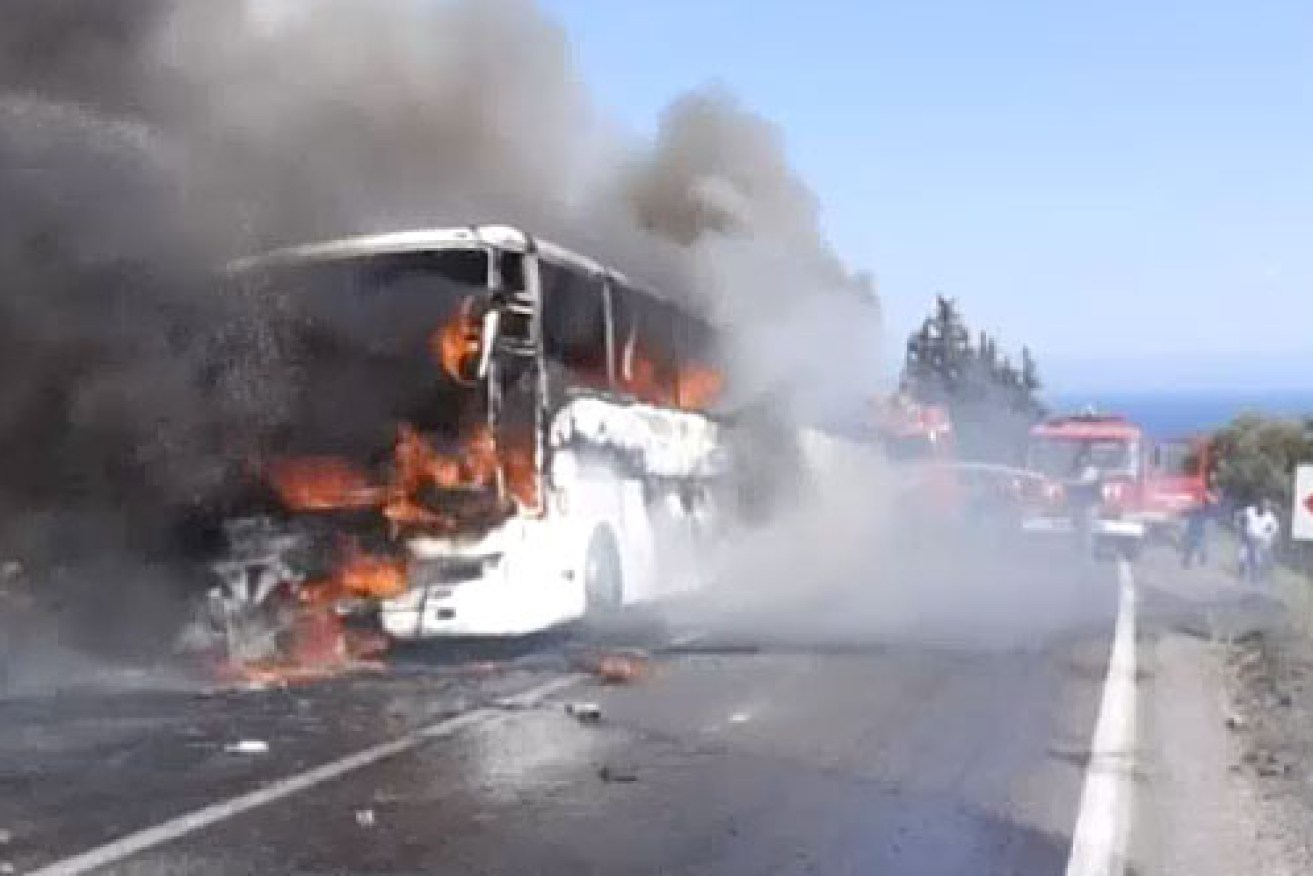 A bus carrying people to the Anzac Cove service caught fire, with 45 passengers evacuated.  