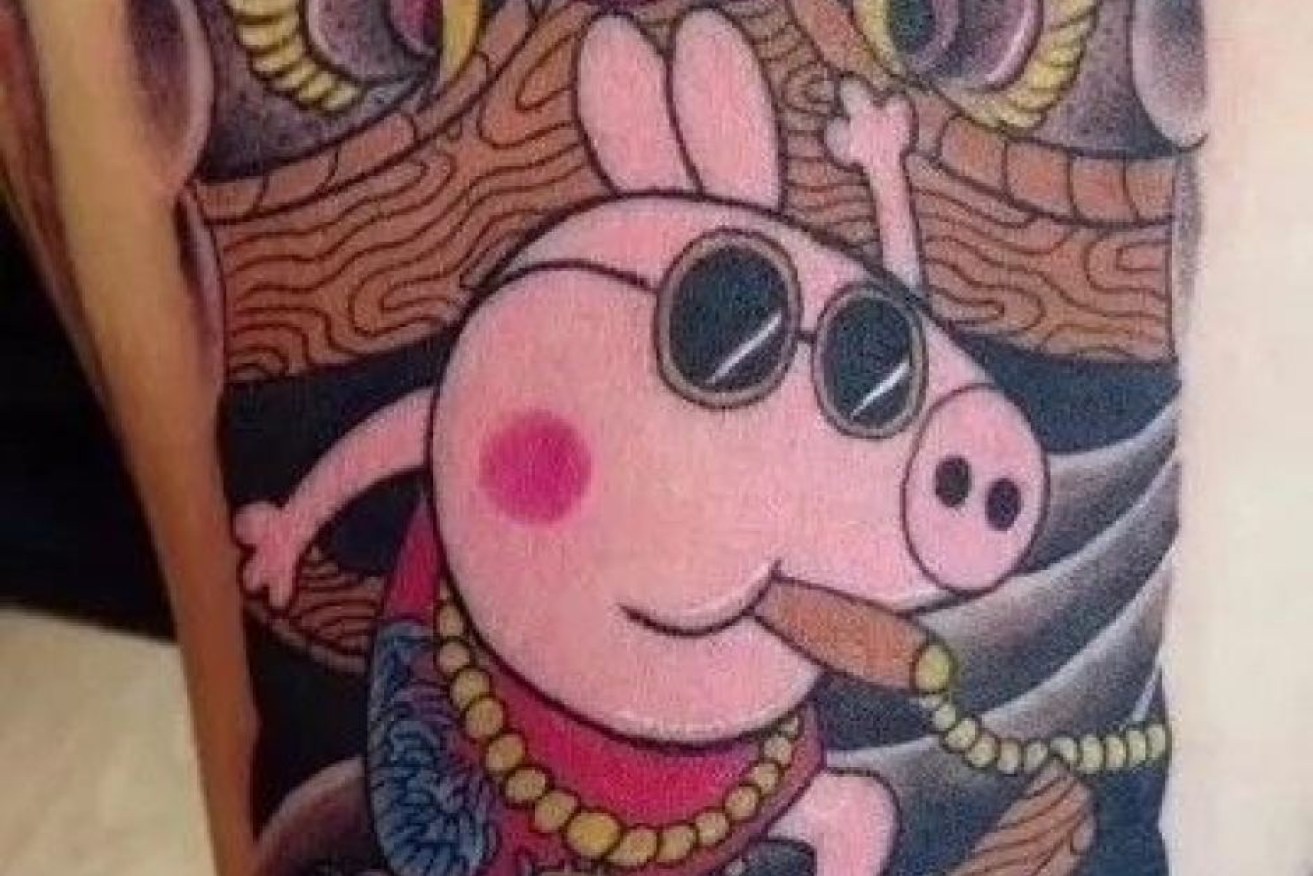 A fake tattoo showing Peppa Pig dressed as a "gangster" posted on Chinese social media. 