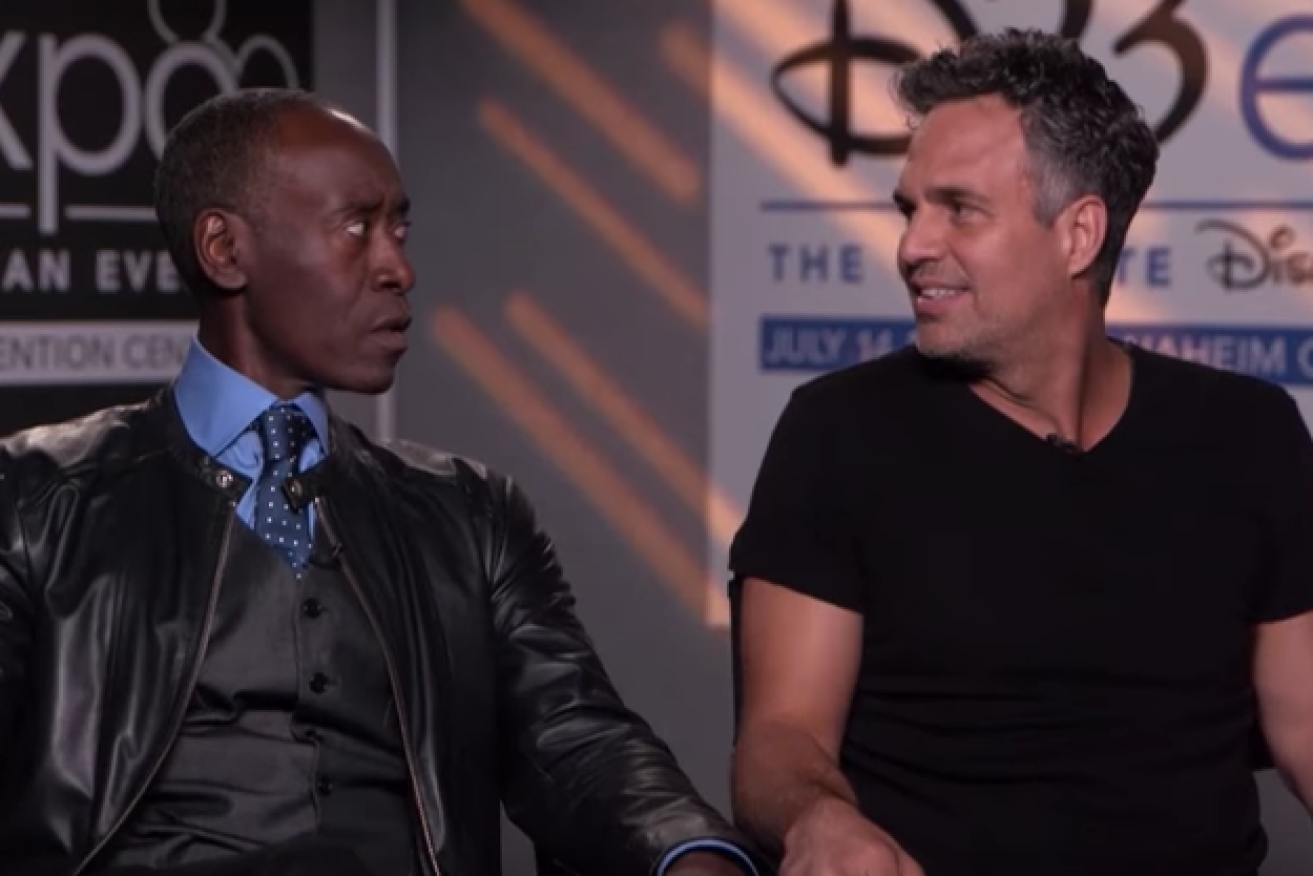 Don Cheadle (left) was not impressed when Mark Ruffalo (right) nearly unveiled the plot twist at the end of the latest <i>Avengers</i> movie.