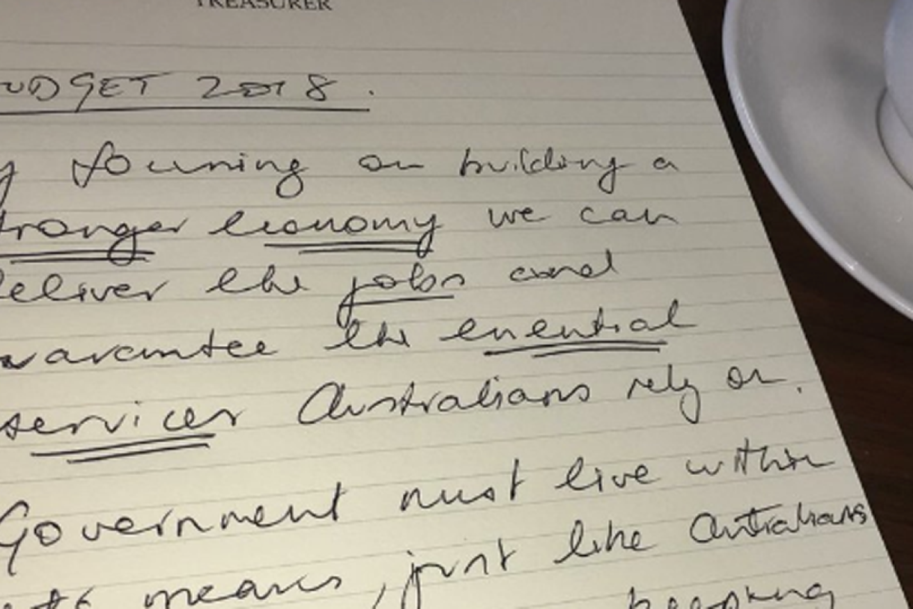 Treasurer Scott Morrison tweeted he handwrote his speech "back in the office" on Tuesday morning.