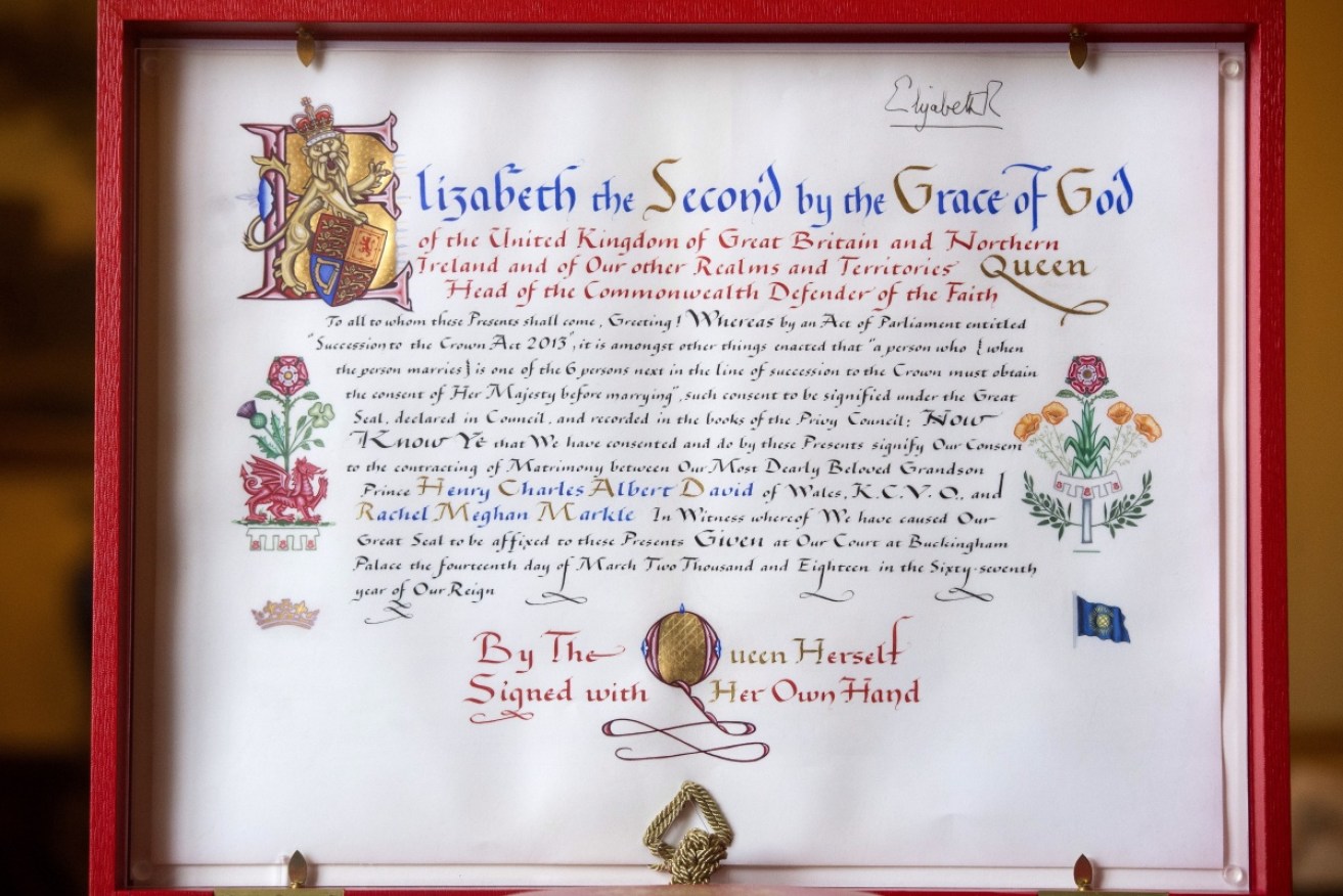 The Instrument of Consent for Prince Harry's forthcoming marriage to Meghan Markle.