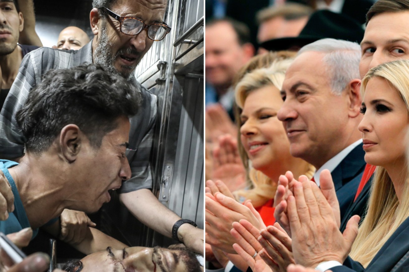 Across the divide: Gaza (left) and Israeli PM Benjamin Netanyahu with Melania Trump on Jerusalem.