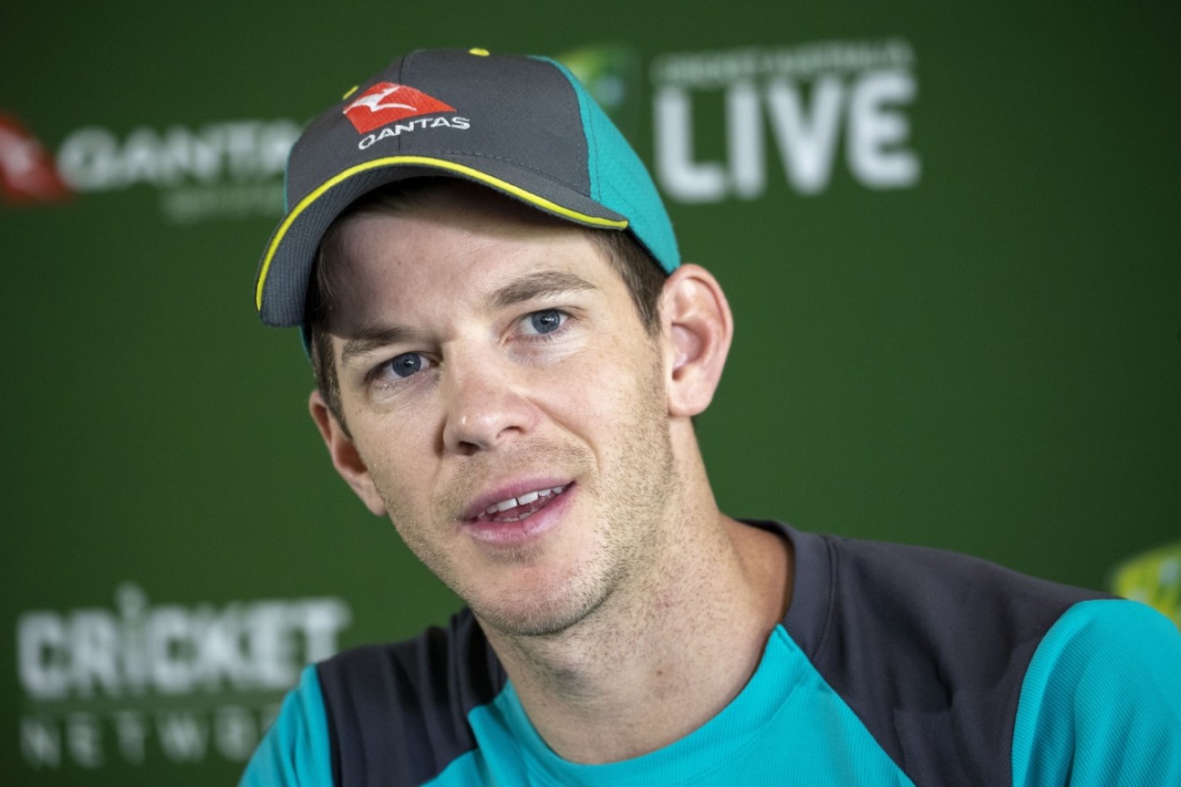 Tim Paine at his press conference before leaving for England. 