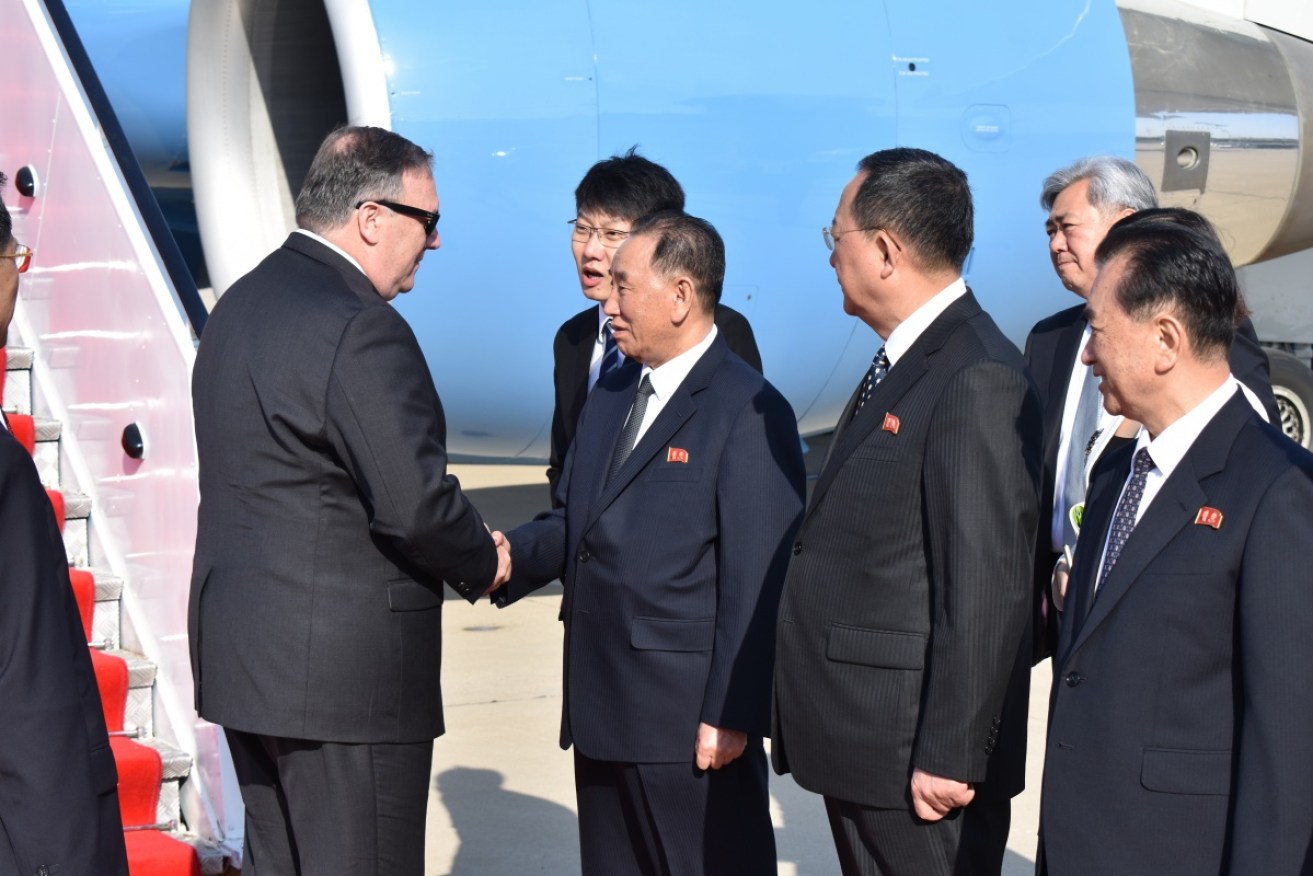 US Secretary of State Mike Pompeo greets senior North Korean official Kim Yong Chol.