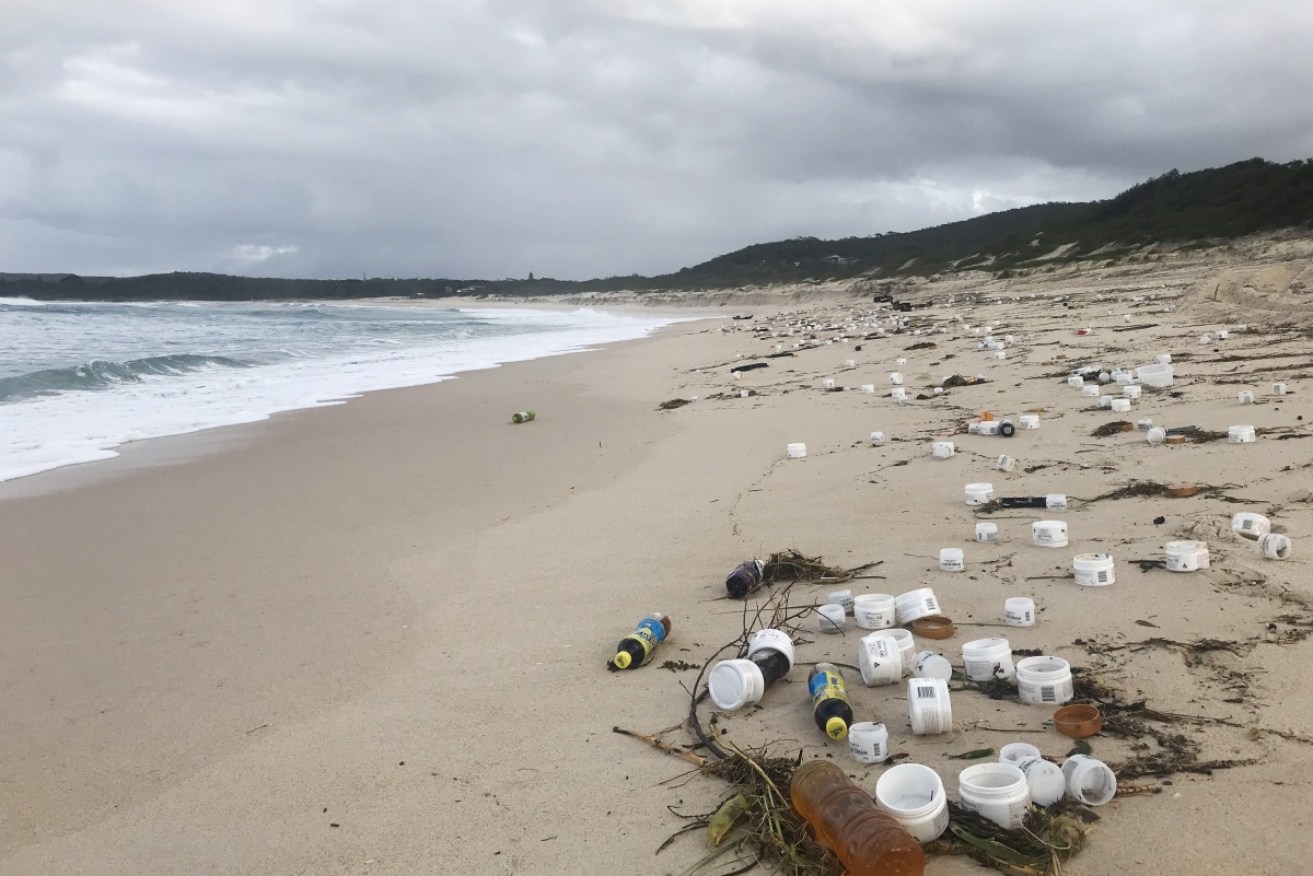 Waste is pictured on a Port Stephens beach days after 83 containers were lost off an international cargo ship.