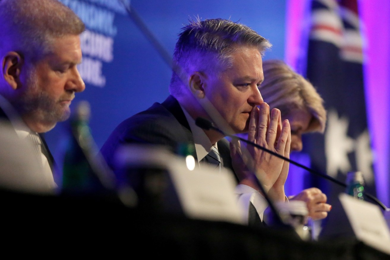 Finance Minister Mathias Cormann and Communications Minister Mitch Fifield at the Council of the Liberal Party in Sydney.