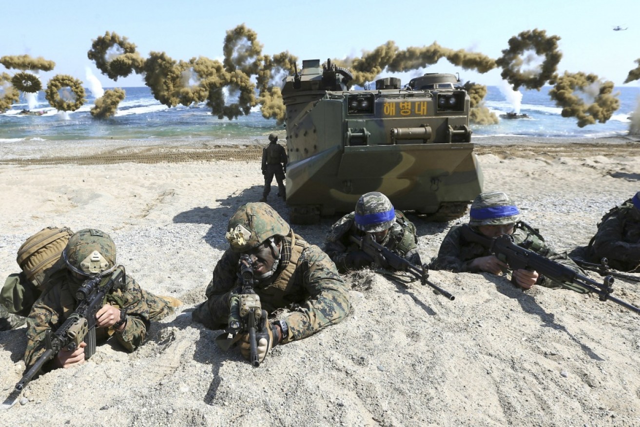 US and South Korean marines land on a beach during a joint military exercise at Pohang in 2016.