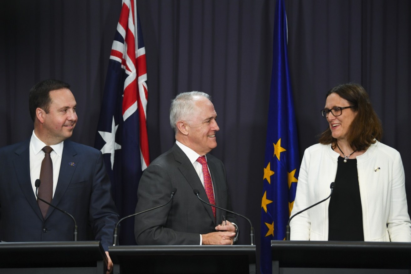 Malcolm Turnbull and Steve Ciobo with European Union Commissioner for Trade Cecilia Malmstrom. They left the media conference shortly after to vote down an ALP motion for debate on the future of the ABC.