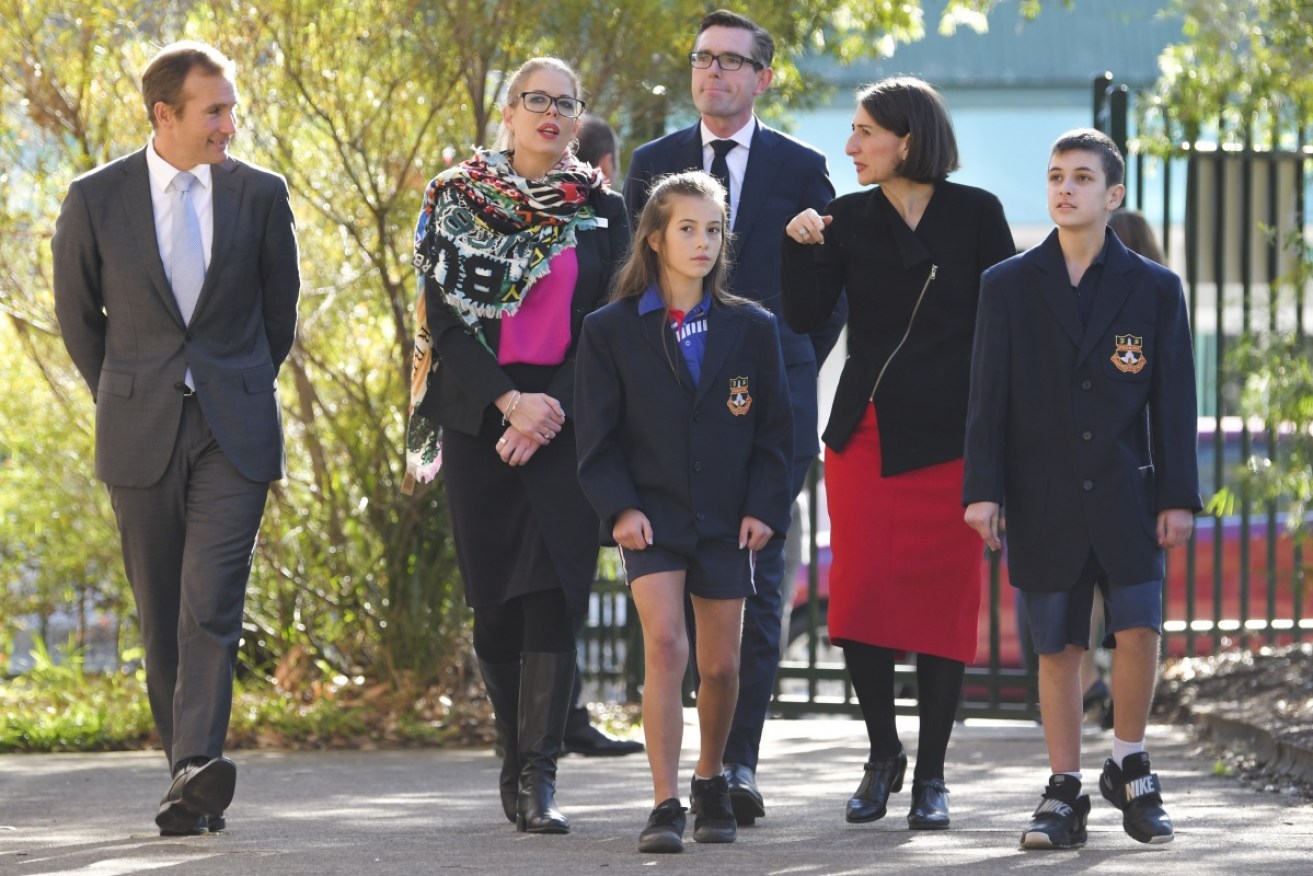 The premier, treasurer, Education Minister Rob Stokes and Penrith Public School students and principal last week.