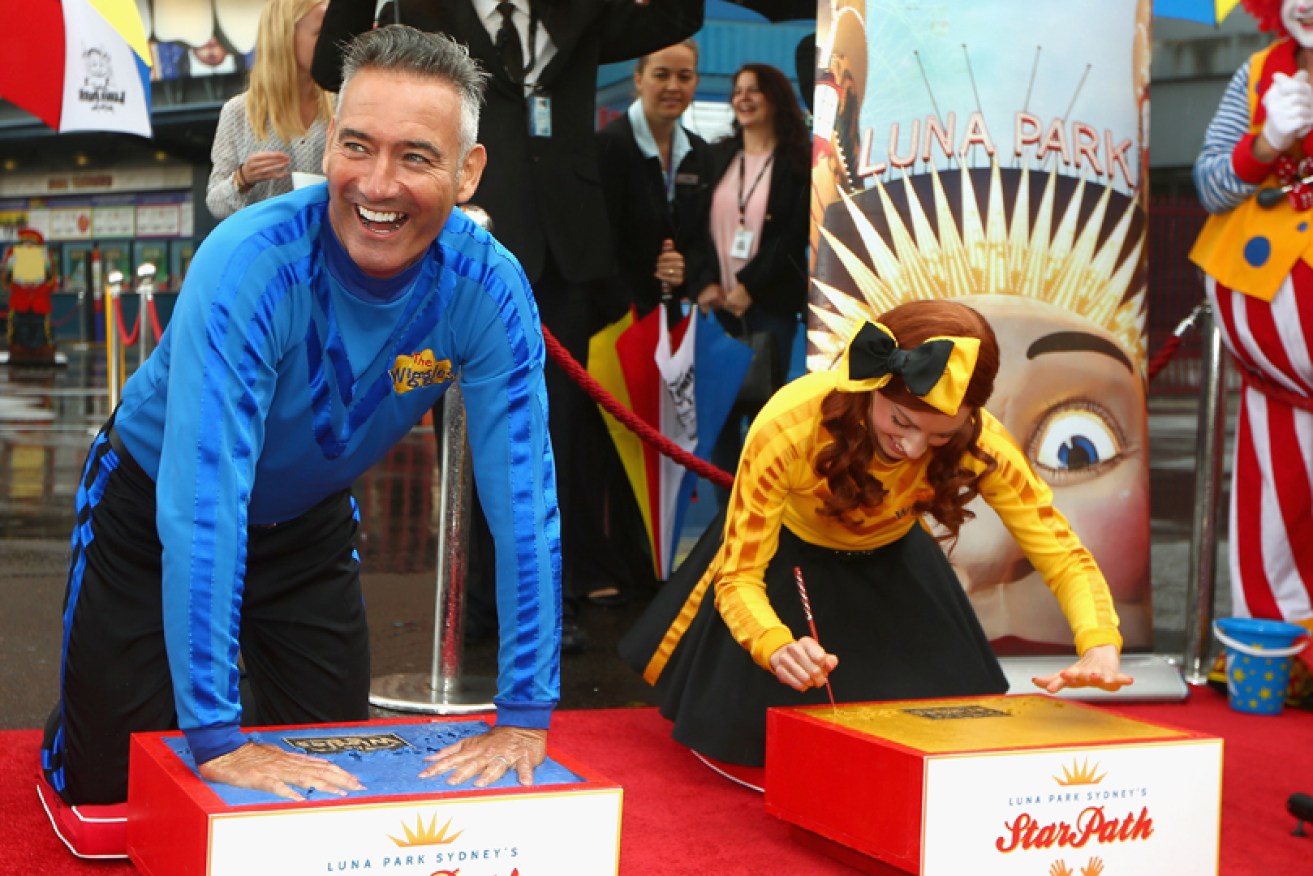 Blue Wiggle Anthony Field and Yellow Wiggle Emma Watkins at the launch of Luna Park's Star Path in Sydney on March 13.