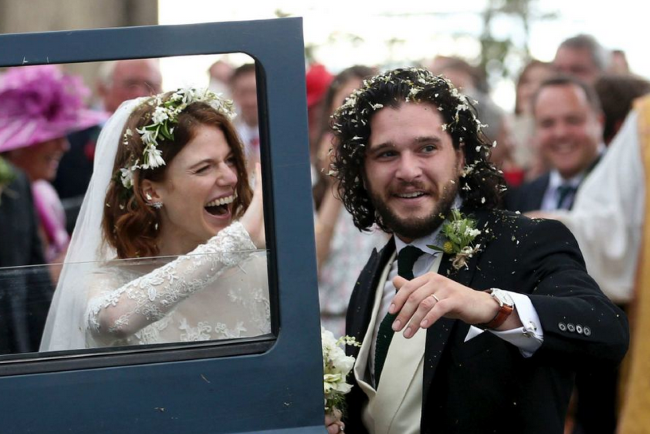 Rose Leslie and Kit Harington leave the church as husband and wife.