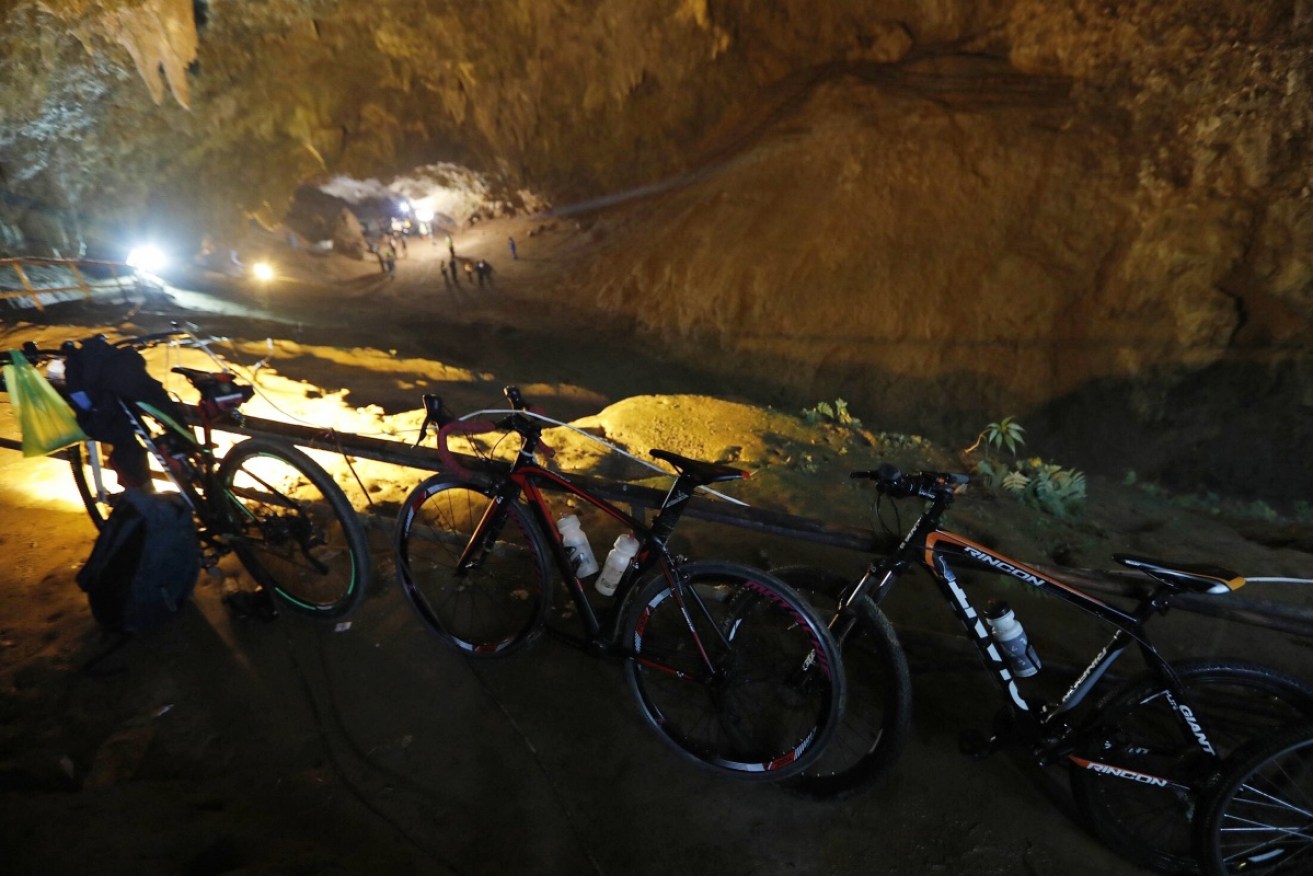 Bicycles belonging to members of a children's football team, who are trapped in a cave chamber along with their coach.