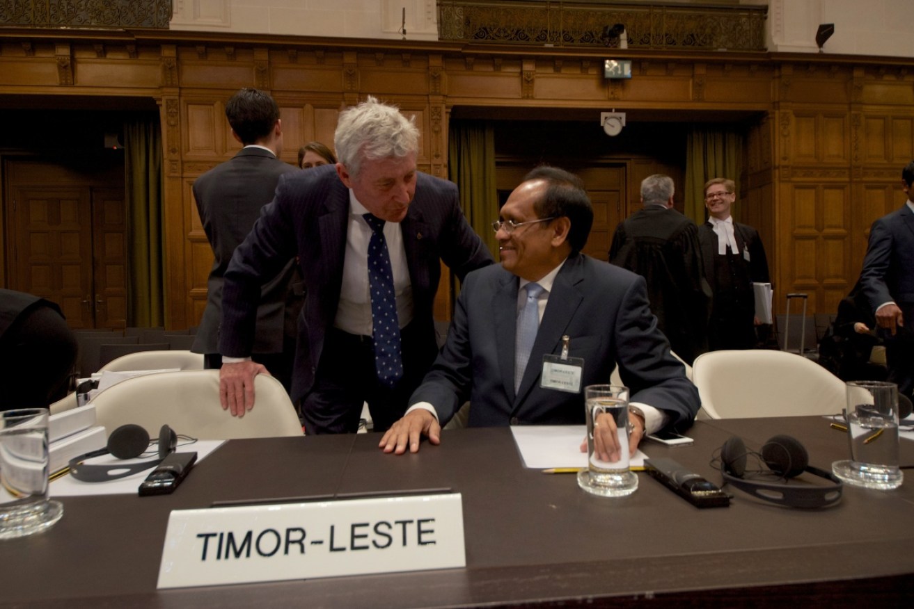 Bernard Collaery with then Timorese foreign affairs minister Jose Luis Gutierrez at International Court of Justice in 2014.