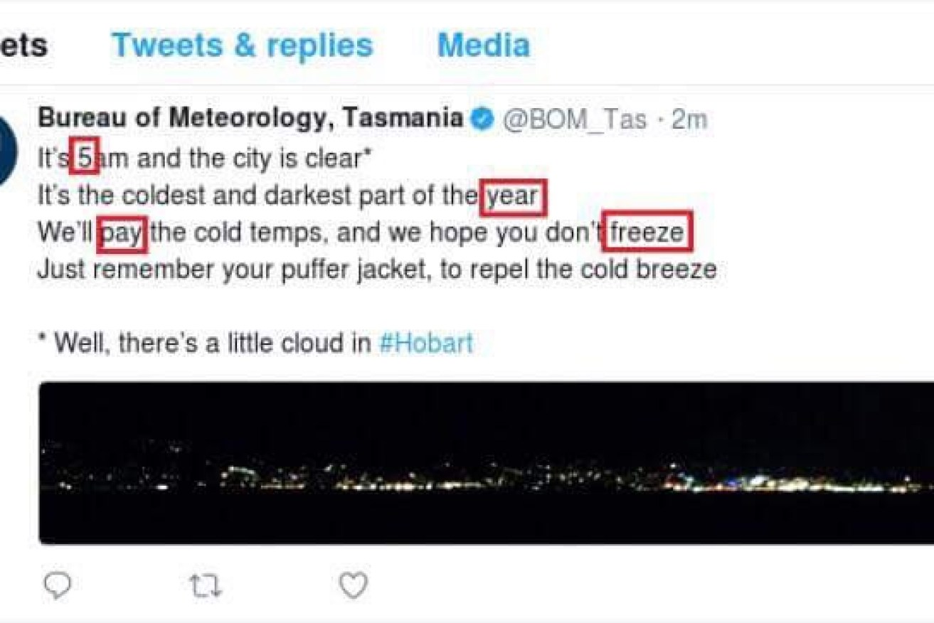BoM staff used the trending hashtags “#BOMonSTRIKE” and “#5yearpayfreeze” in a weather forecast on June 8 at roughly 5am.