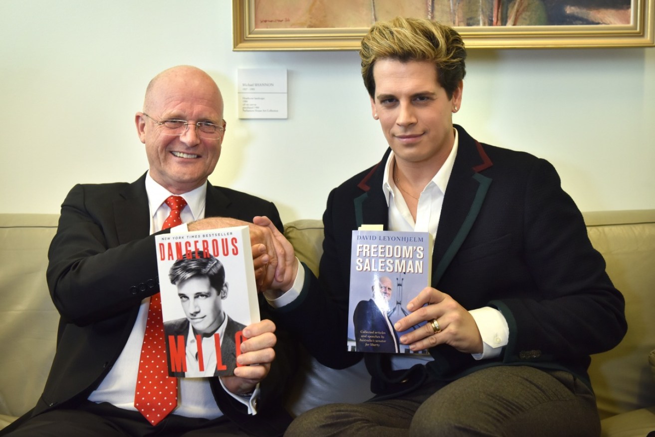 Senator David Leyonhjelm and Milo Yiannopoulos at Parliament House in Canberra in December. 