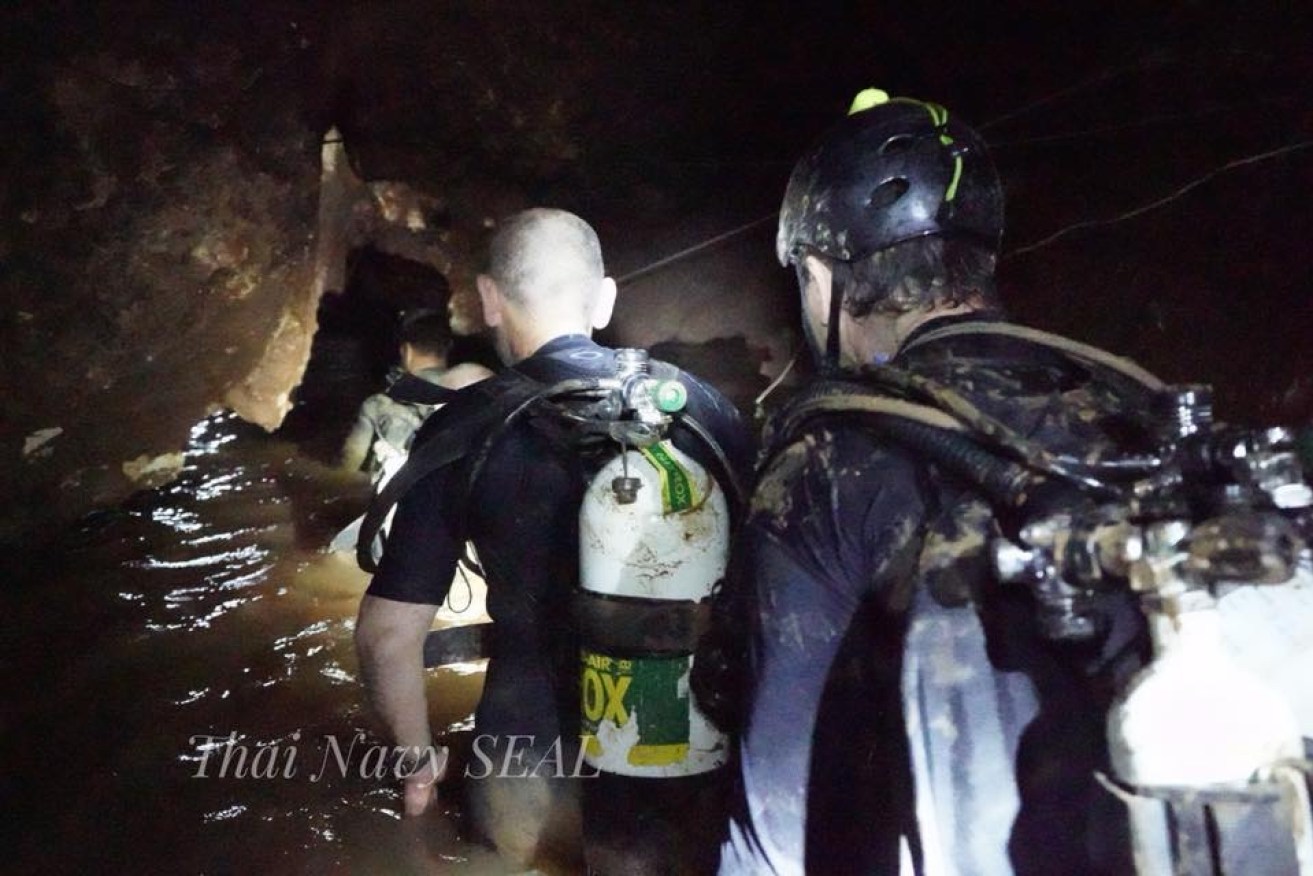 Thai navy divers in the caves.