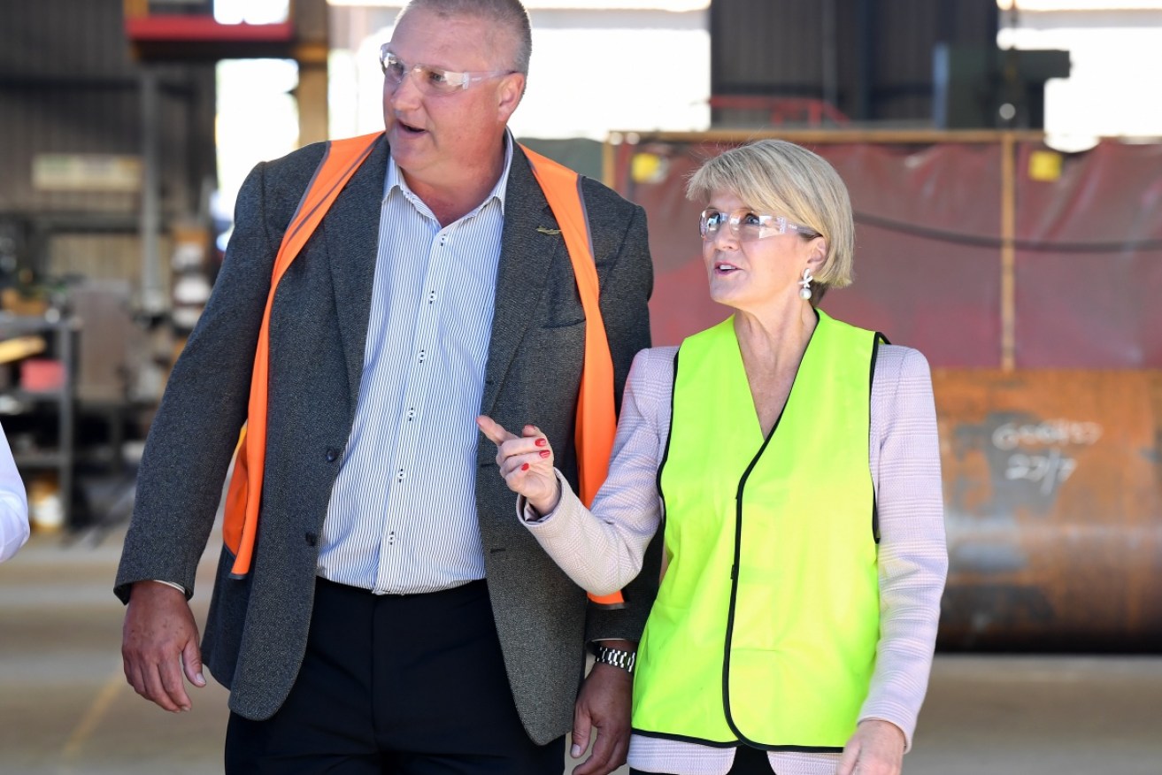Liberal candidate for Longman Trevor Ruthenberg with Foreign Affairs Minister Julie Bishop in the Queensland seat on Monday. 
