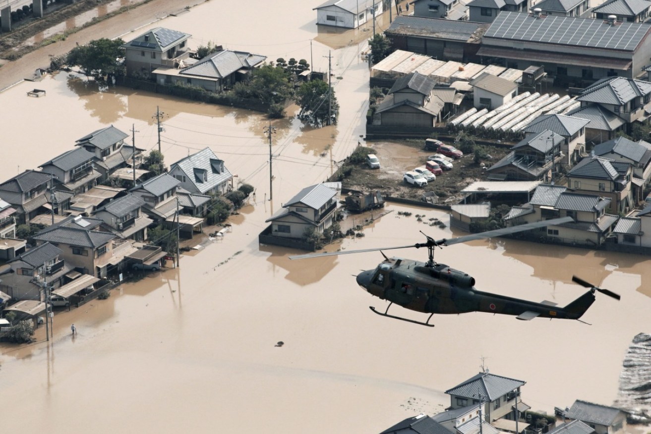 A residential area in Kurashiki, Okayama Prefecture, submerged following torrential rains that hit a wide area of western Japan.