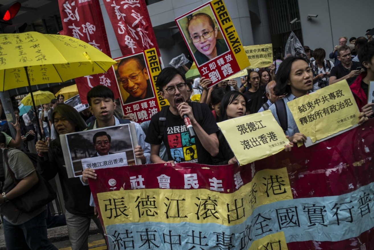 Pro-democracy activists in Hong Kong in May 2016  show their support for Liu Xiaobo and Liu Xia. 
