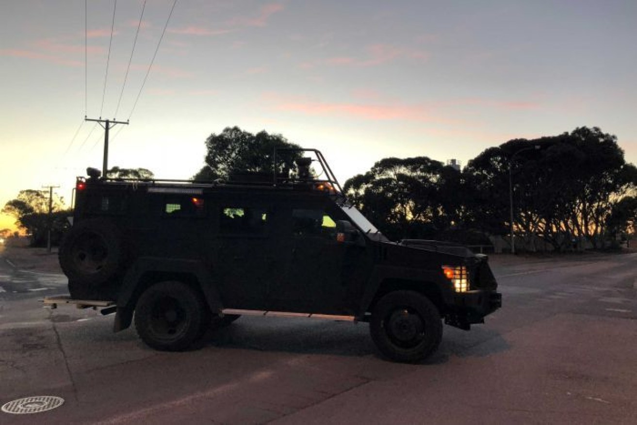 A police armoured vehicle in Wallaroo on Tuesday. 