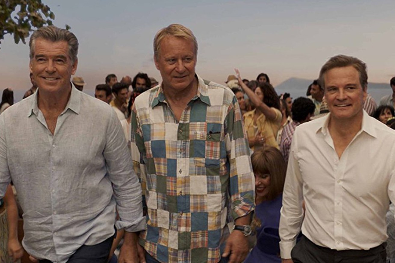 Sing it, fellas! Pierce Brosnan, Stellan Skarsgard and Colin Firth get loud (briefly) in <i>Mamma Mia! Here We Go Again</i>.