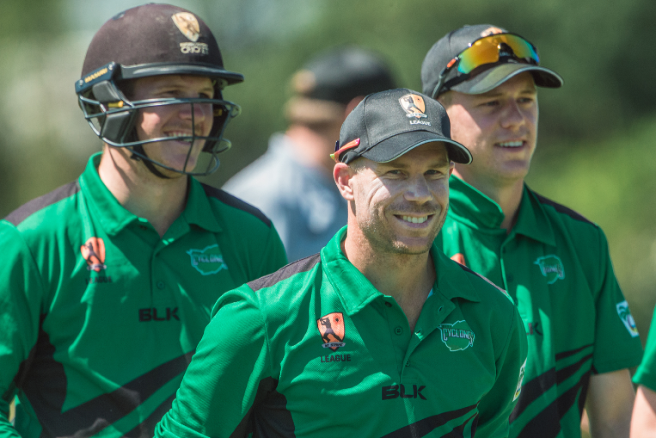 David Warner wears a winner's grin after a blistering turn at bat with Darwin's City Cyclones.