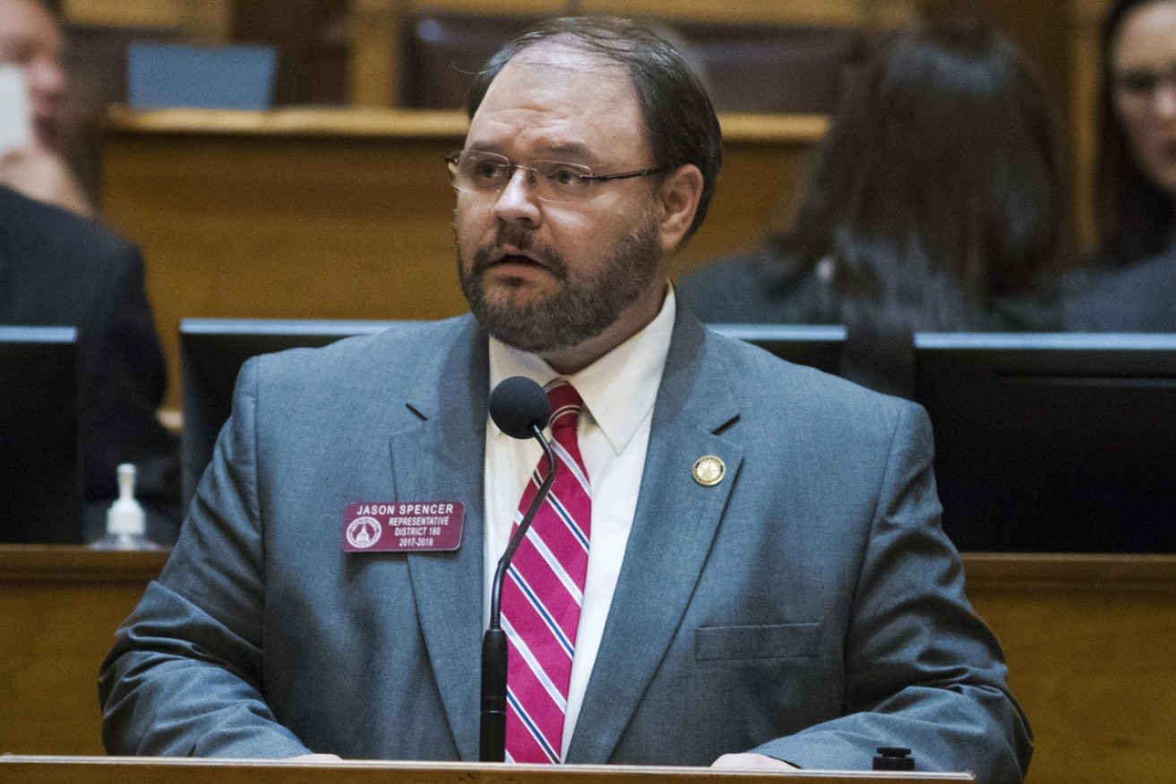 Jason Spencer speaks at the Georgia State Capitol in Atlanta. He has resigned. 