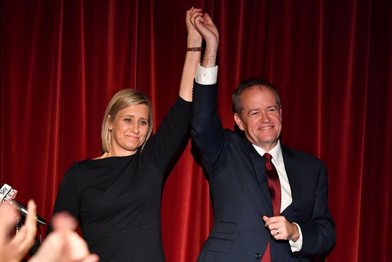 Labor candidate for Longman Susan Lamb and Leader of the Opposition Bill Shorten claim victory in the seat of Longman at the Caboolture RSL Club in Queensland.
