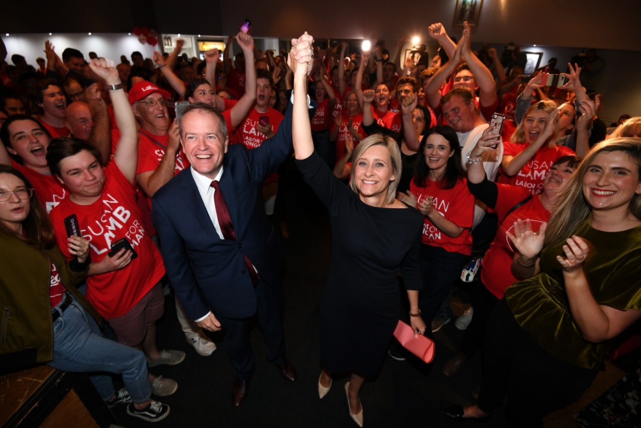 Opposition Leader Bill Shorten and Longman candidate Susan Lamb celebrate an emphatic victory.