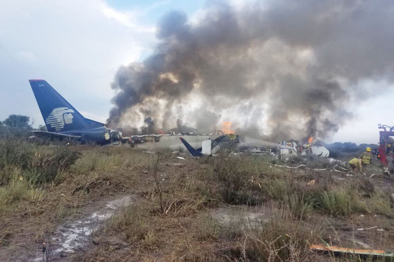 The Aeomexico plane burst into flames on crashing near the runway. Photo: Twitter