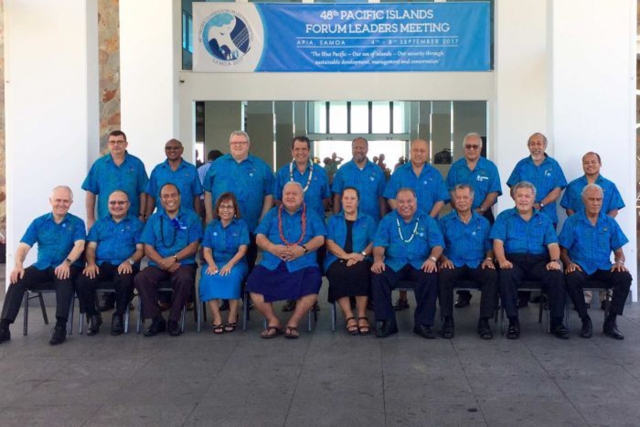 Pacific leaders gathered at the Pacific Islands Forum in Samoa last year. Tonga's PM is seated on the front right.

 