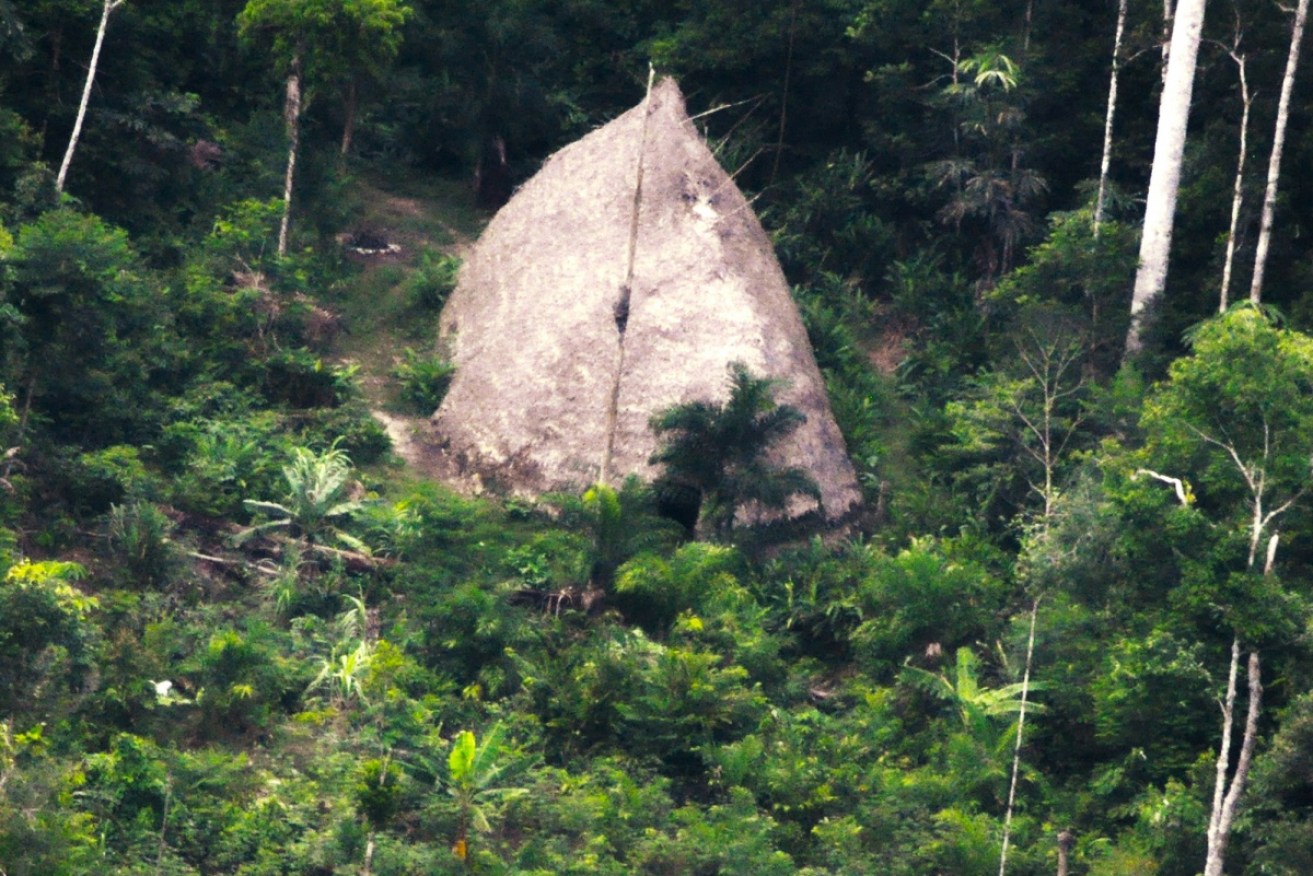 This 2017 photo released by the National Indian Foundation (FUNAI) shows a "maloca," or long house, in Vale do Javari, Brazil.