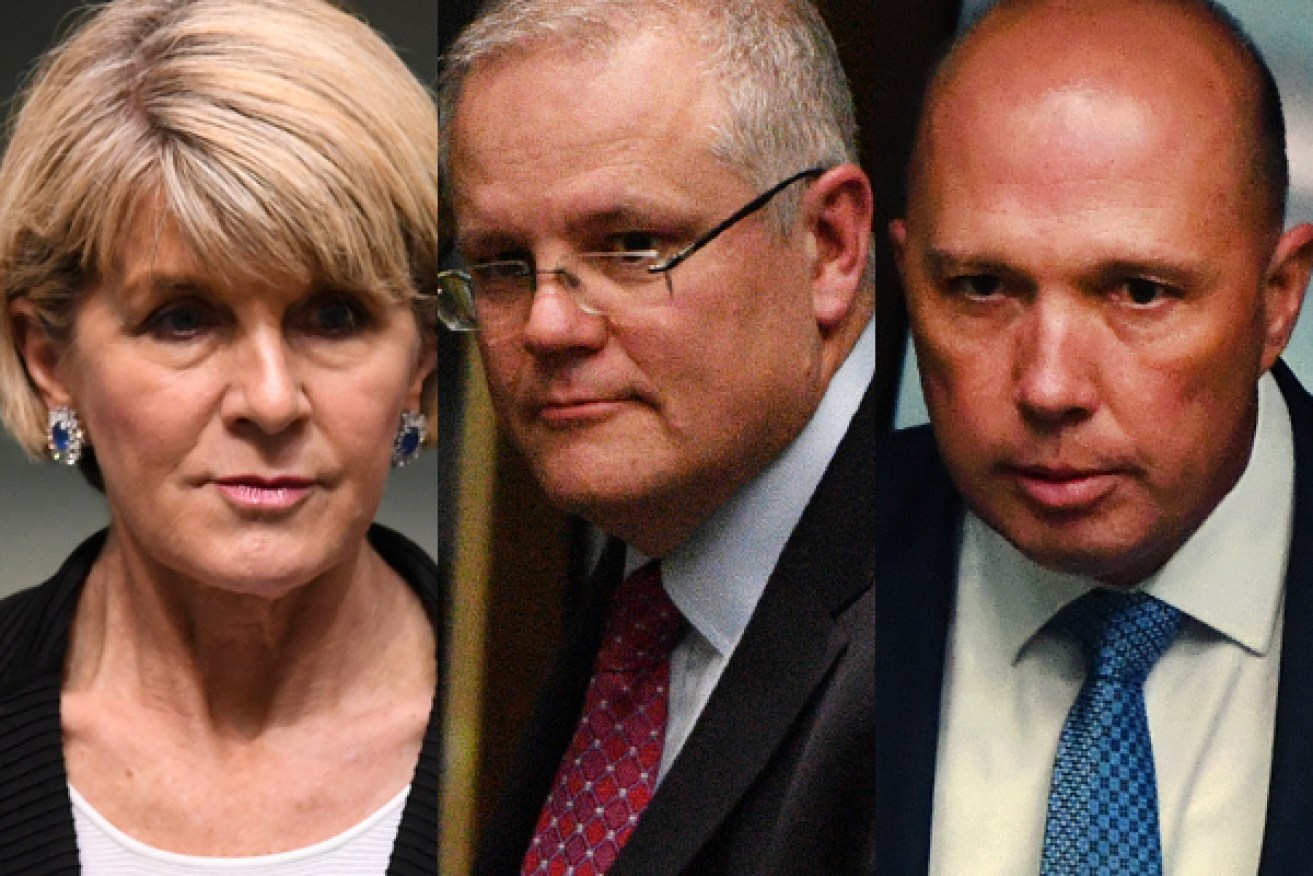 Julie Bishop, Scott Morrison and Peter Dutton emerged as the frontrunners to replace Mr Turnbull. Photo: AAP