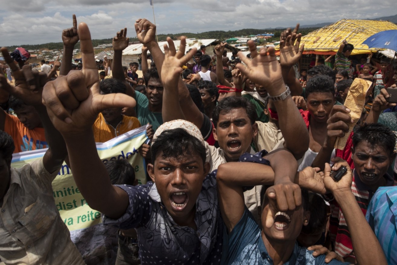 Rohingya refugees protest on the first anniversary of the Rohingya crisis. 