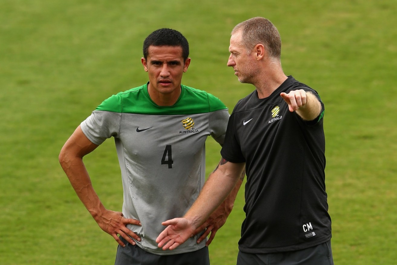 Tim Cahill receives feedback from Craig Moore in Brazil in 2014.