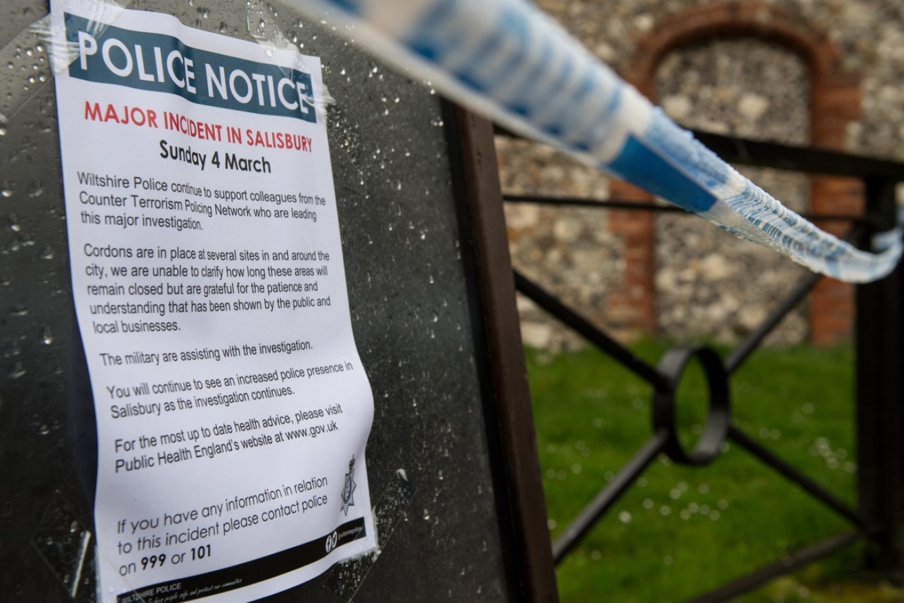 A police notice flags investigations into the nerve agent attack on Sergei and Yulia Skripal in Salisbury, England. 