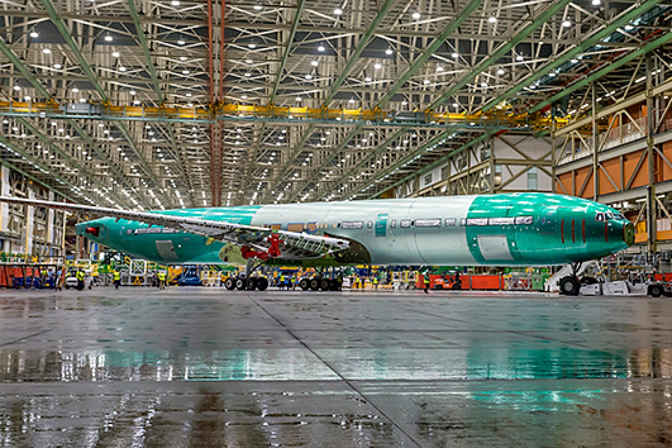 The first completed plane in Boeing's 777X program.