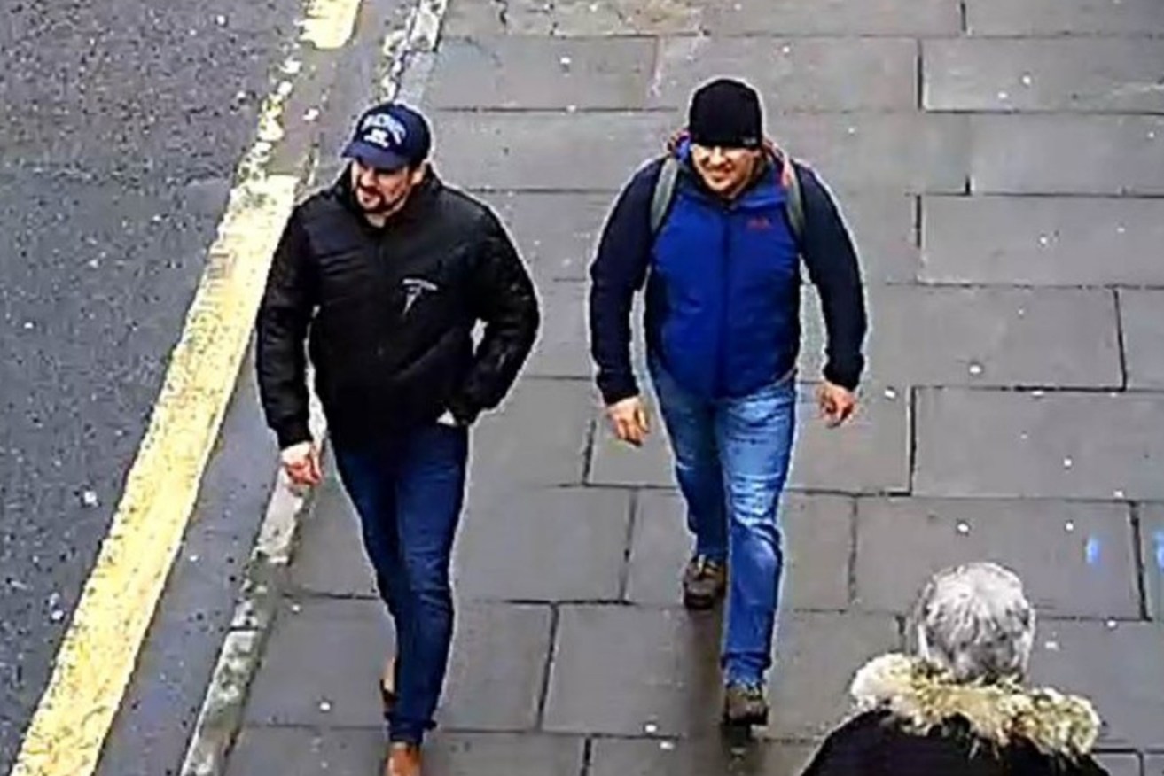 Salisbury Novichok poisoning suspects Alexander Petrov and Ruslan Boshirov on CCTV in March.  Photo: Metropolitan Police/Getty