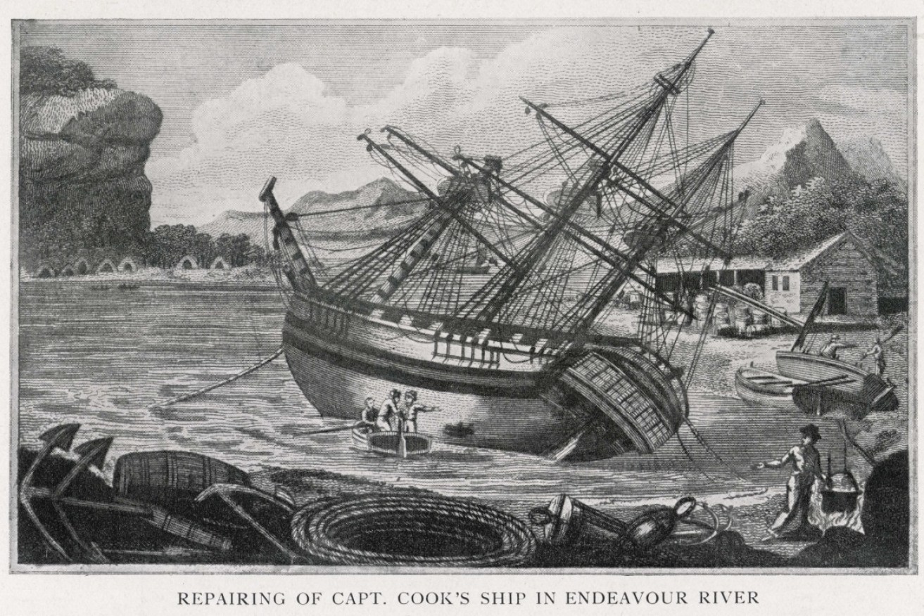 Captain Cook's Endeavour being repaired, c1770. It is now believed to have been scuttled off Rhode Island.