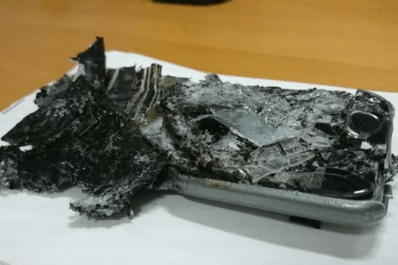This phone ignited after it was crushed in a similar incident on a Qantas flight in 2016.