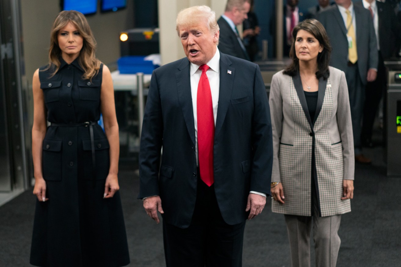 Melania and Donald Trump with Nikki Haley at the United Nations General Assembly in New York on September 25.