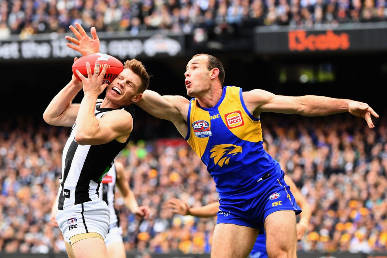 Collingwood midfielder Taylor Adams takes a strong mark in front of West Coast captain Shannon Hurn. Photo: Getty