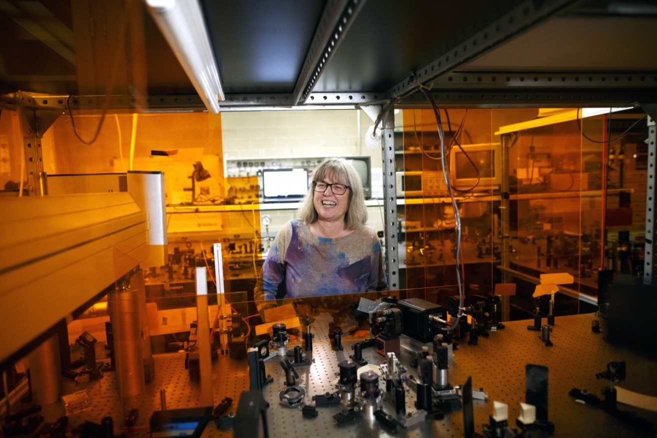 Donna Strickland in her lab following news of her shared Nobel Prize in Physics.