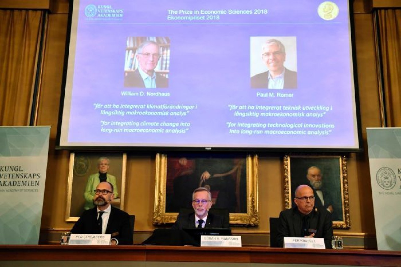 The Nobel committee announce the laureates of the Nobel Prize in Economics during a press conference at The Royal Swedish Academy of Sciences in Stockholm.